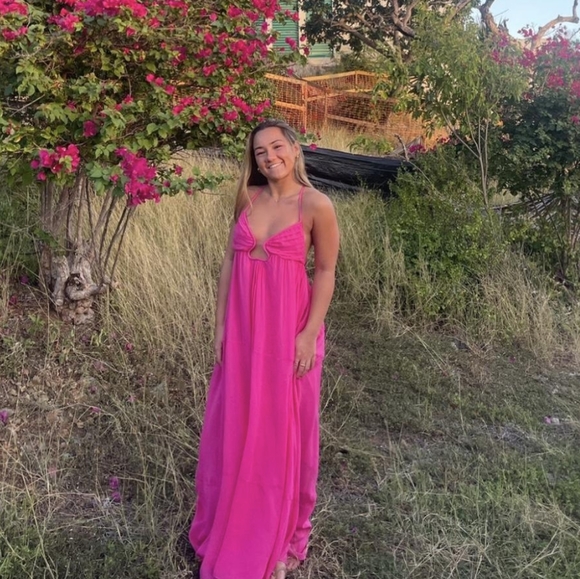 ZARA sz XS LIMITED Fuchsia Pink Voluminous Chiffon Maxi Cutout Open Back Dress - Picture 3 of 16